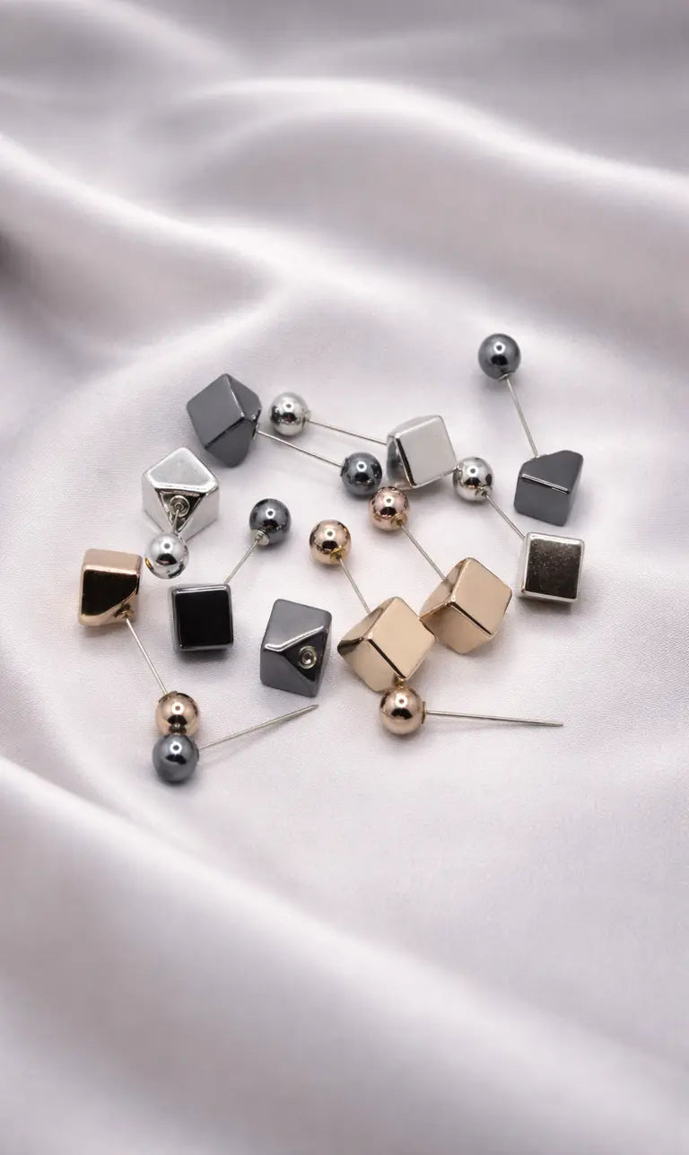 Elegante Hijab-Pins mit geometrischen Köpfen – Stilvolle Metallnadeln in Gold, Silber & Anthrazit (H01)