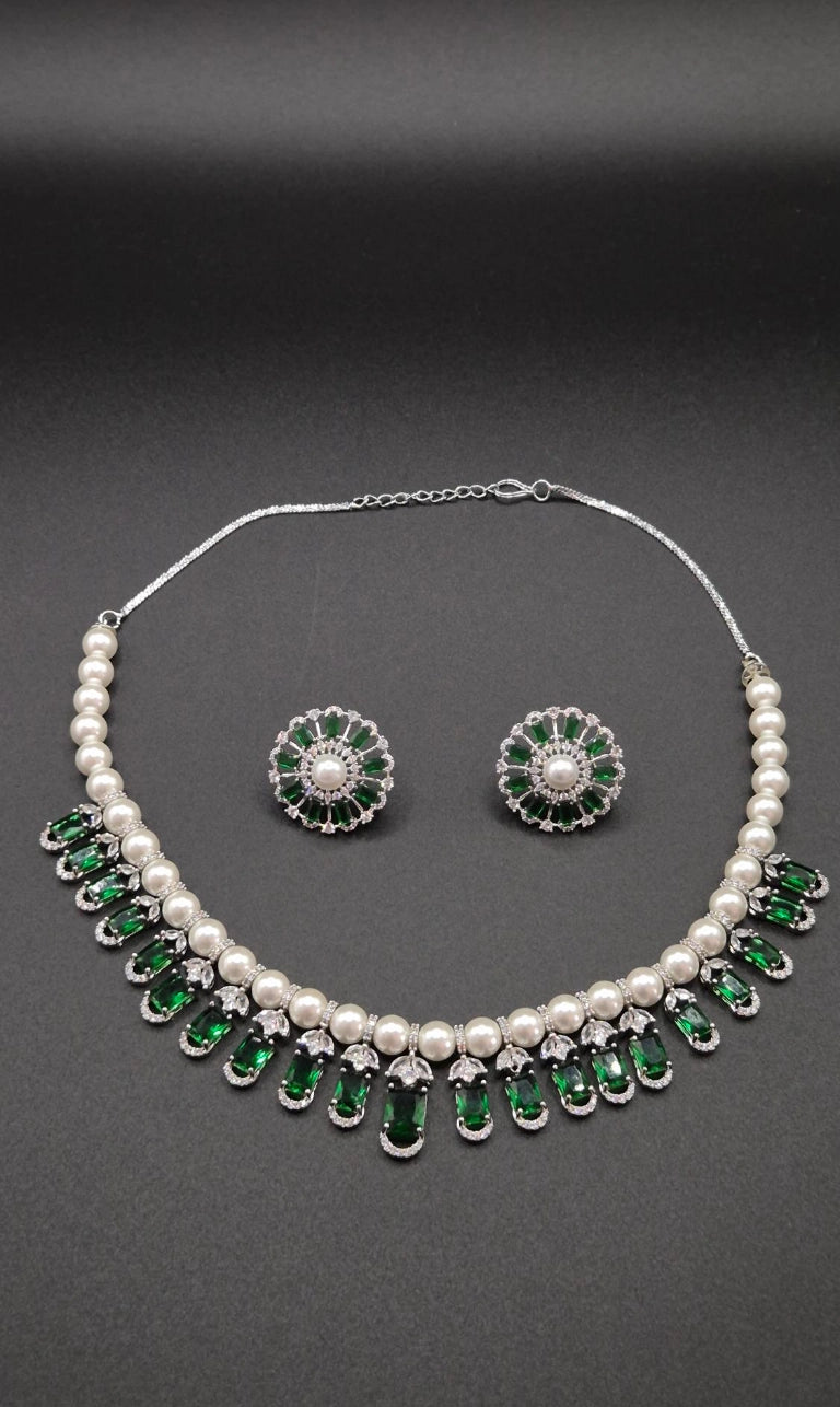 Elegantes Zirkonia Schmuckset Damen mit Perlen – Halskette & Ohrringe für Hochzeit und besondere Anlässe