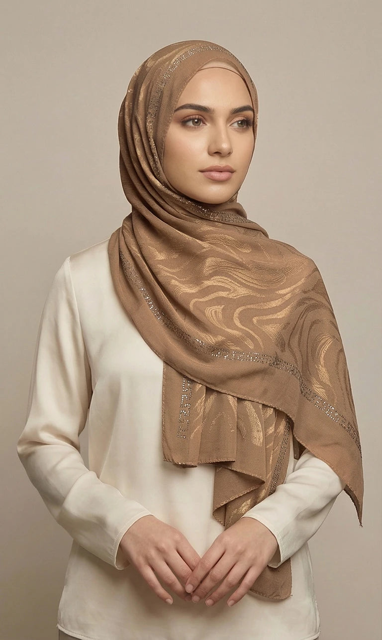 Hijab Schal in Creme mit Grün-Grauem Kreisdesign – Leichter Eleganter Kopftuch Schal (S06)