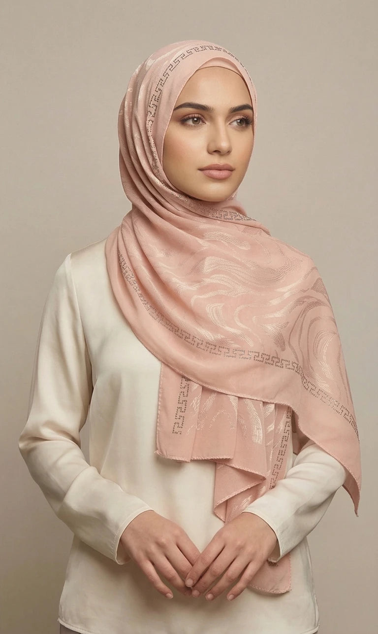 Hijab Schal in Creme mit Grün-Grauem Kreisdesign – Leichter Eleganter Kopftuch Schal (S06)