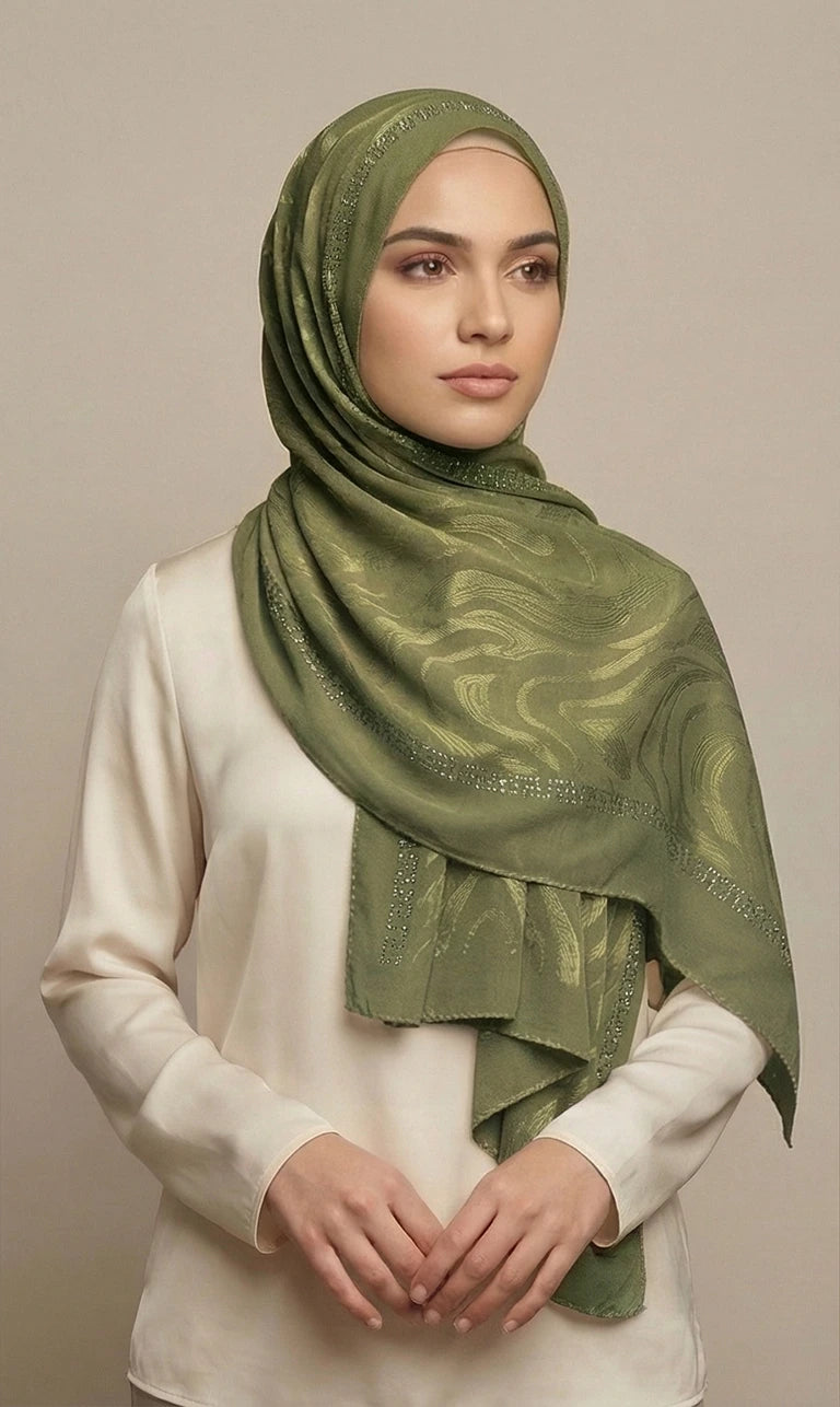 Hijab Schal in Creme mit Grün-Grauem Kreisdesign – Leichter Eleganter Kopftuch Schal (S06)