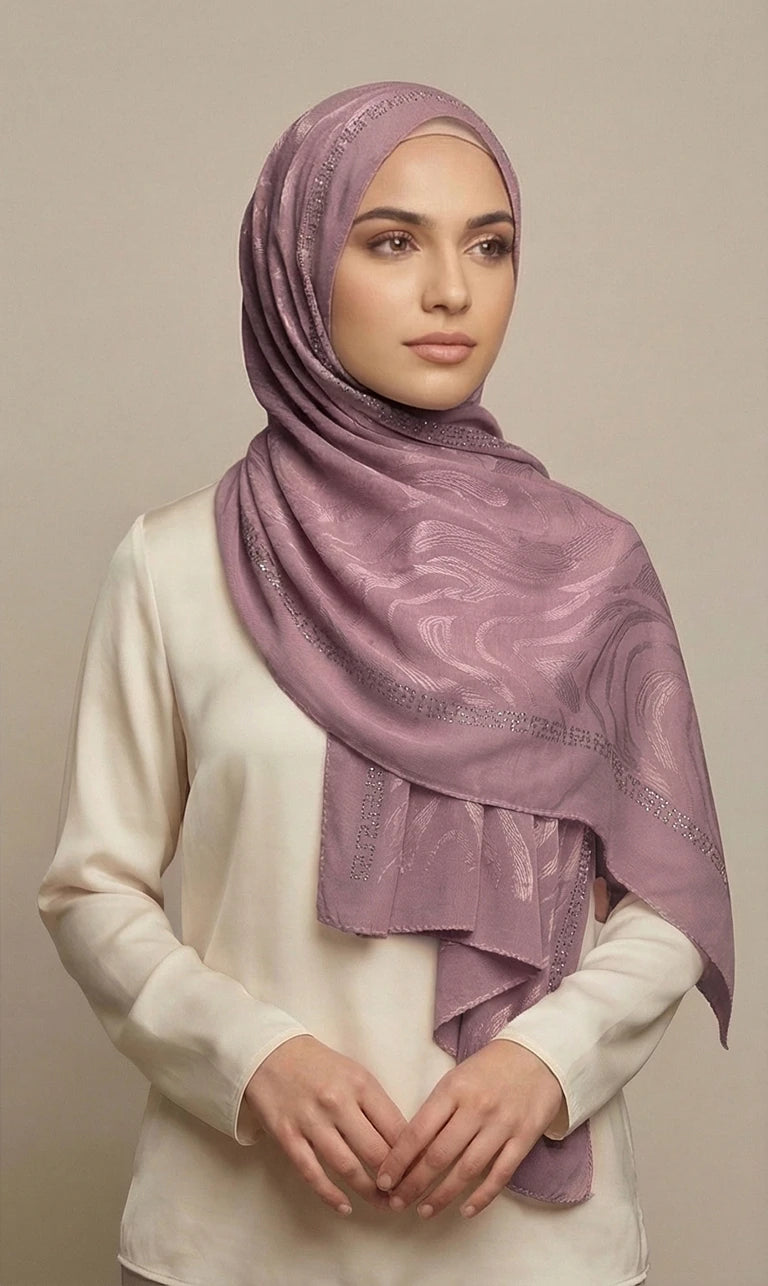 Hijab Schal in Creme mit Grün-Grauem Kreisdesign – Leichter Eleganter Kopftuch Schal (S06)