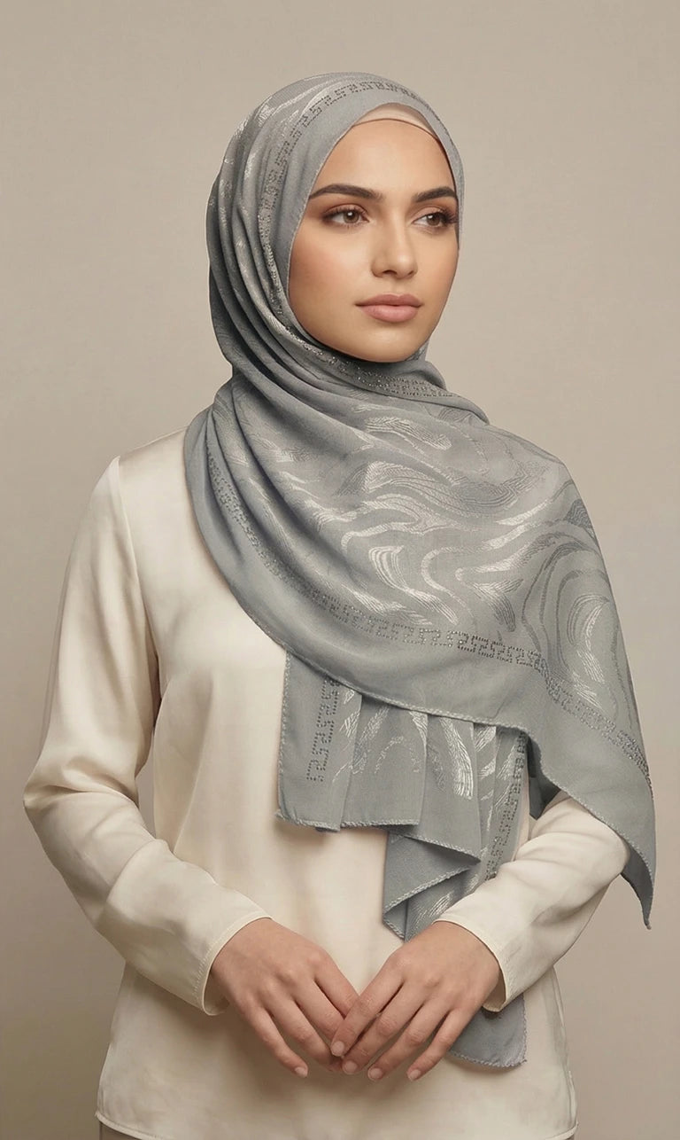 Hijab Schal in Creme mit Grün-Grauem Kreisdesign – Leichter Eleganter Kopftuch Schal (S06)