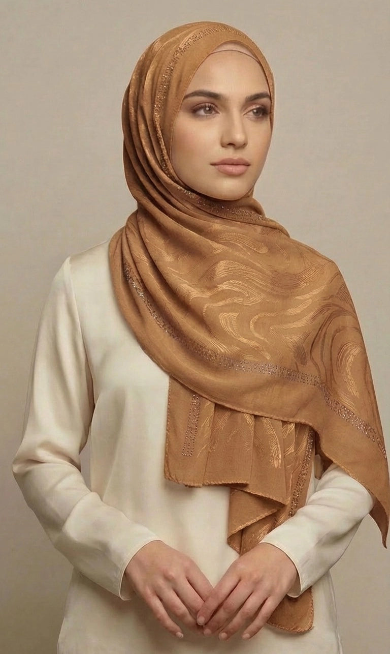 Hijab Schal in Creme mit Grün-Grauem Kreisdesign – Leichter Eleganter Kopftuch Schal (S06)