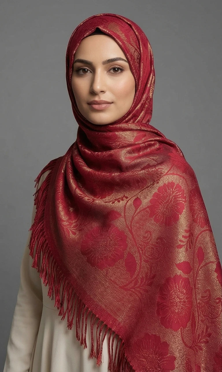 Hijab Schal in Blau mit floraler Musterung und Fransen – Eleganter Glänzender Kopftuch Schal (S07)