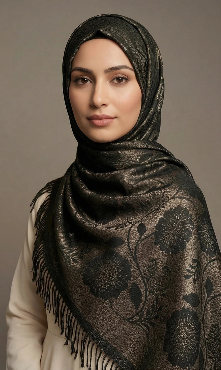 Hijab Schal in Blau mit floraler Musterung und Fransen – Eleganter Glänzender Kopftuch Schal (S07)