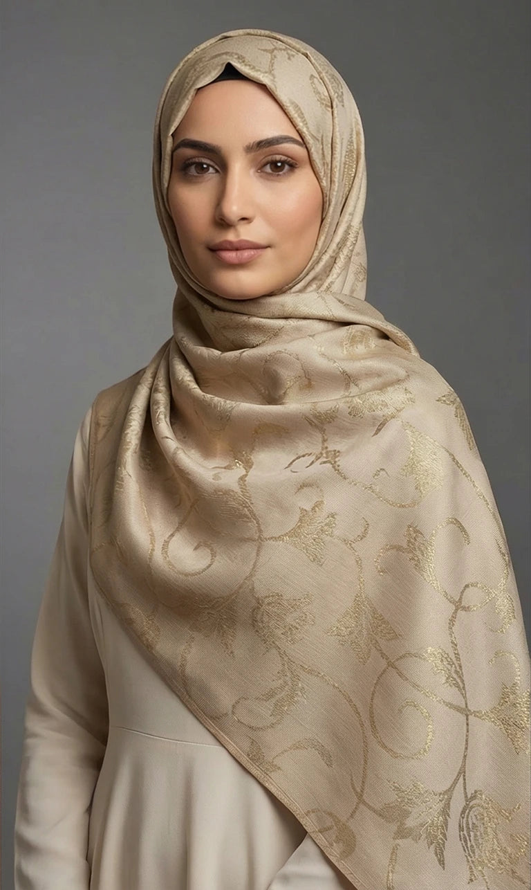 Hijab Schal in Blau mit floraler Musterung und Fransen – Eleganter Glänzender Kopftuch Schal (S07)