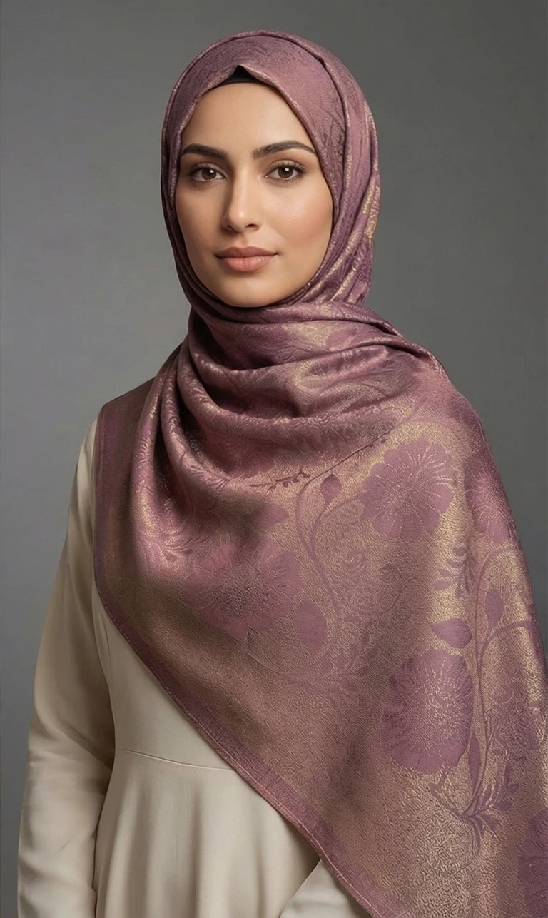 Hijab Schal in Blau mit floraler Musterung und Fransen – Eleganter Glänzender Kopftuch Schal (S07)