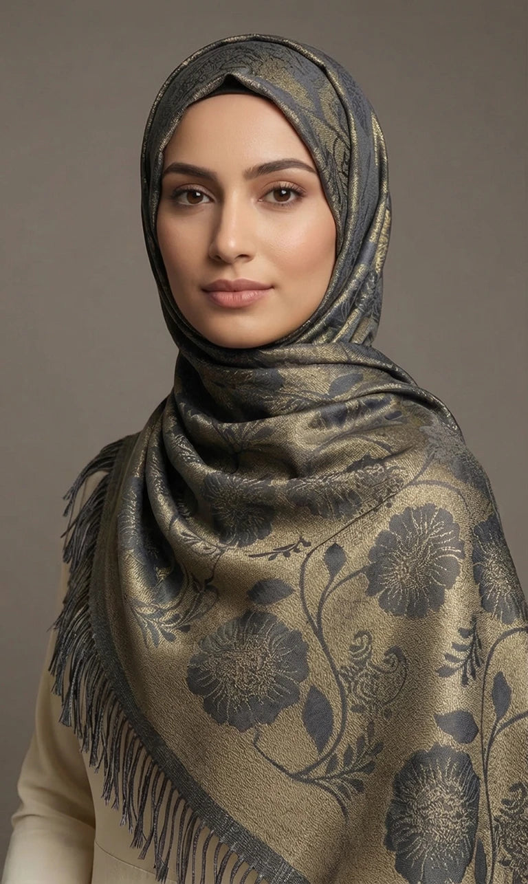 Hijab Schal in Blau mit floraler Musterung und Fransen – Eleganter Glänzender Kopftuch Schal (S07)