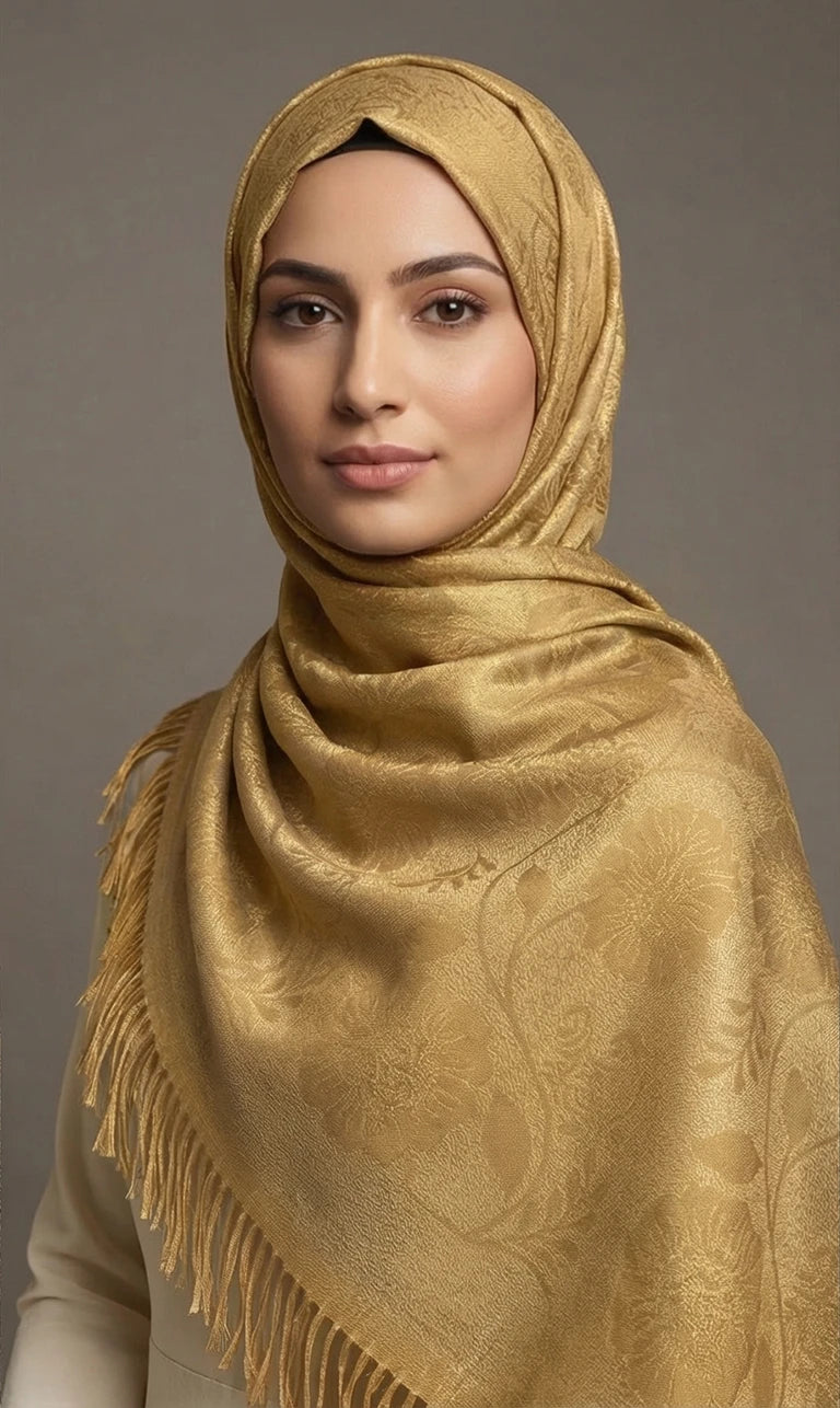 Hijab Schal in Blau mit floraler Musterung und Fransen – Eleganter Glänzender Kopftuch Schal (S07)