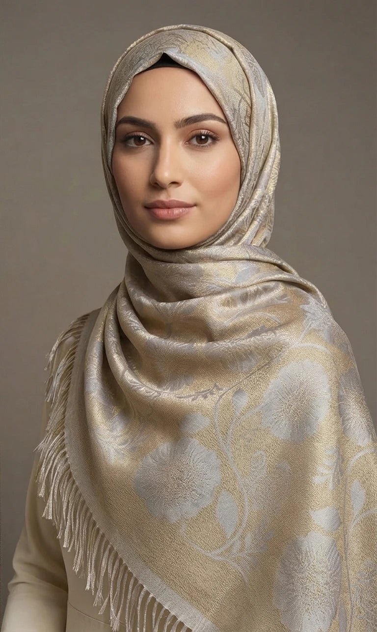 Hijab Schal in Blau mit floraler Musterung und Fransen – Eleganter Glänzender Kopftuch Schal (S07)