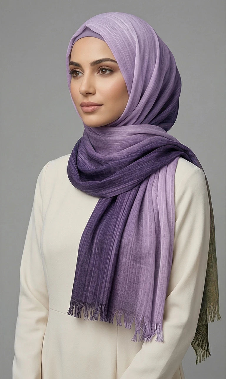 Hijab Schal mit Farbverlauf Grau–Marineblau und Fransen – Eleganter Leichter Kopftuch Schal (S11)