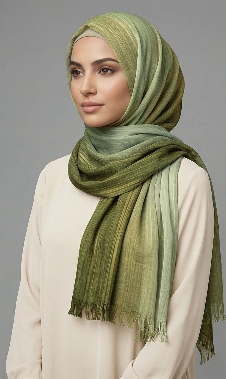 Hijab Schal mit Farbverlauf Grau–Marineblau und Fransen – Eleganter Leichter Kopftuch Schal (S11)