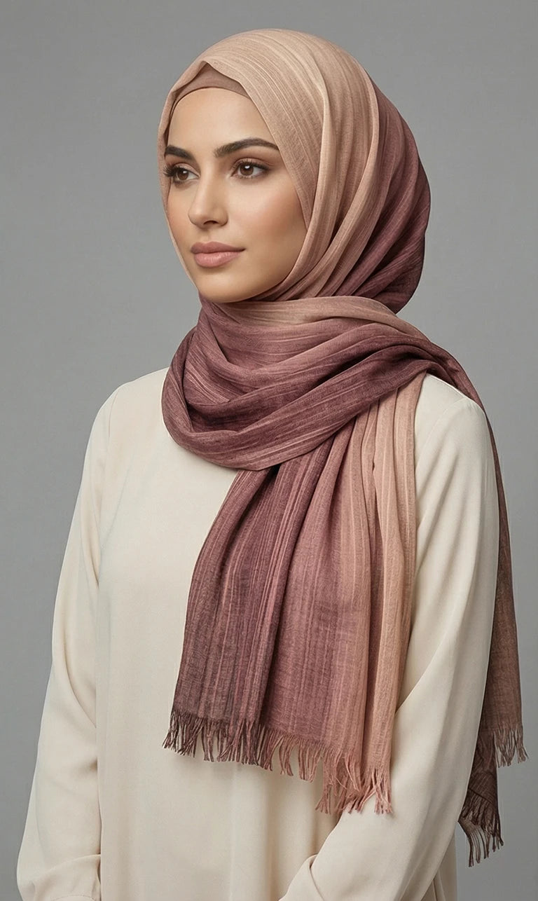 Hijab Schal mit Farbverlauf Grau–Marineblau und Fransen – Eleganter Leichter Kopftuch Schal (S11)
