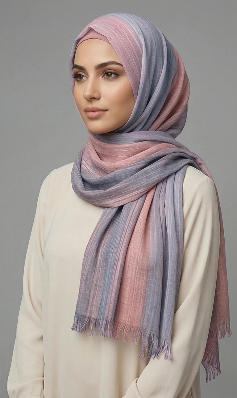 Hijab Schal mit Farbverlauf Grau–Marineblau und Fransen – Eleganter Leichter Kopftuch Schal (S11)