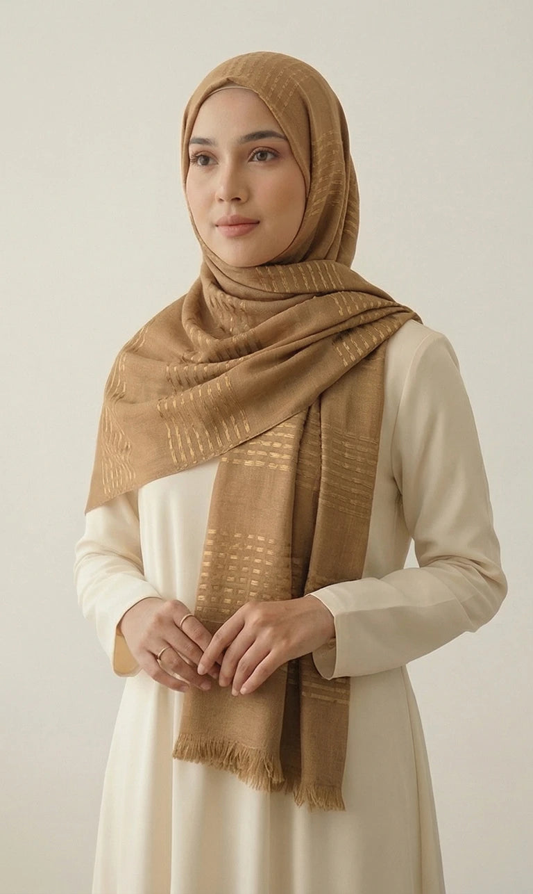 Hijab Schal in Pfirsich mit Streifenstruktur und Fransen – Eleganter Leichter Kopftuch Schal (S15)