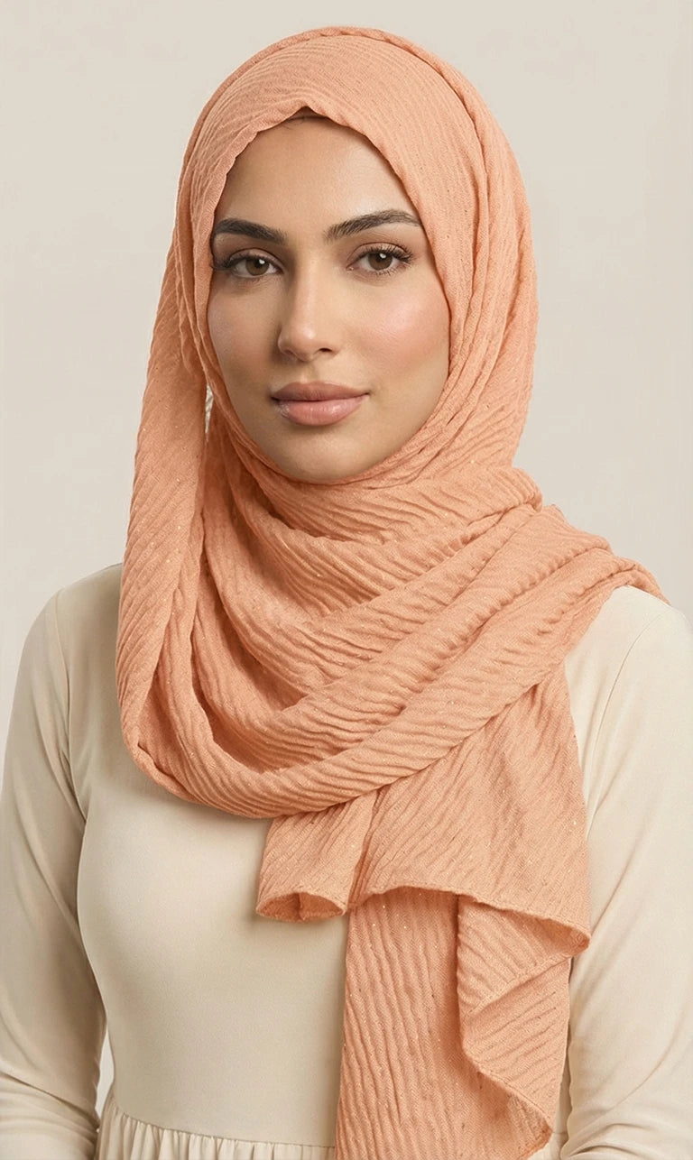 Hijab Schal in Beige mit Crinkle-Struktur und Glitzer – Eleganter Leichter Kopftuch Schal (S21)