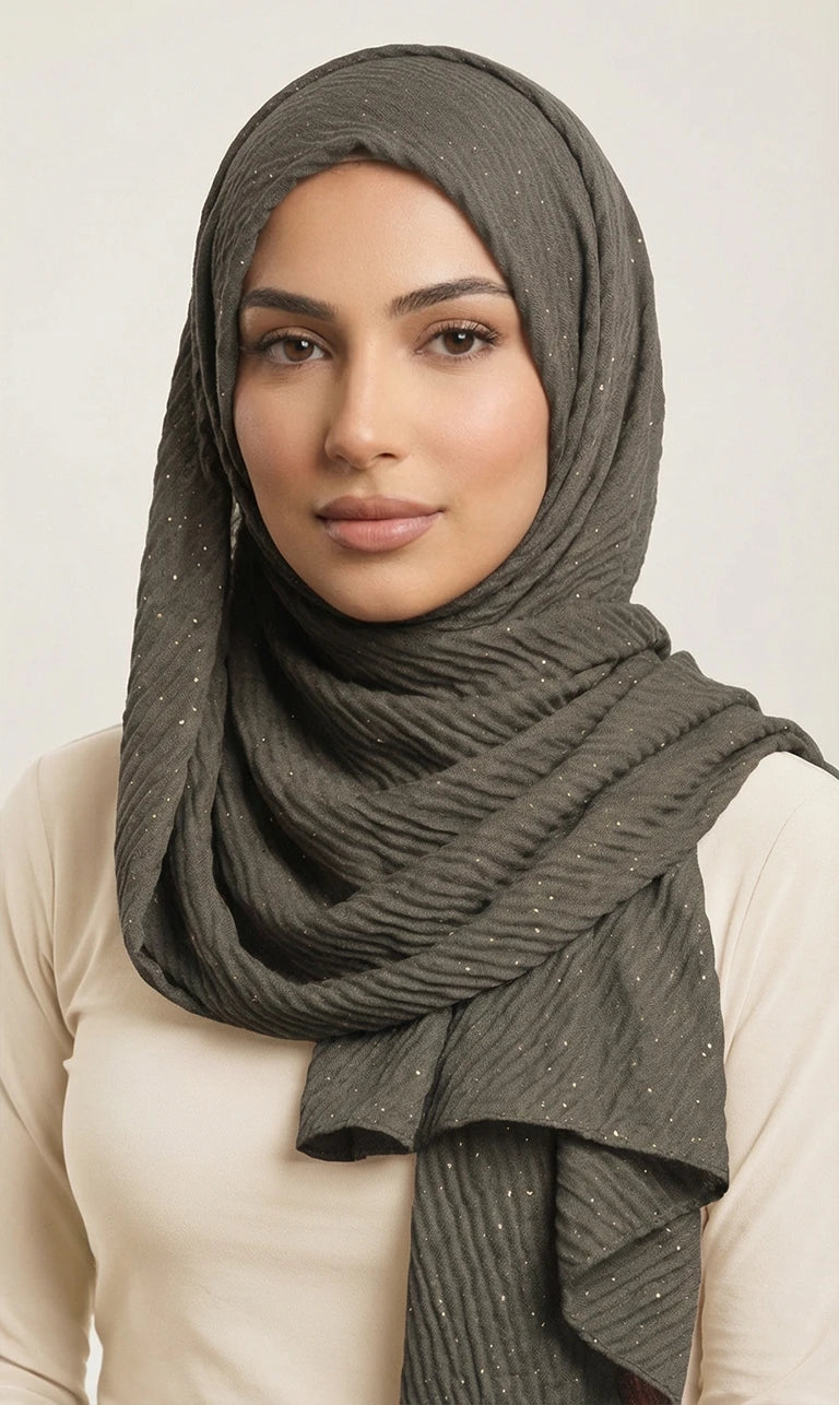Hijab Schal in Beige mit Crinkle-Struktur und Glitzer – Eleganter Leichter Kopftuch Schal (S21)