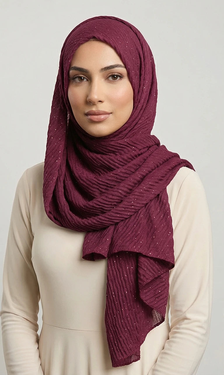 Hijab Schal in Beige mit Crinkle-Struktur und Glitzer – Eleganter Leichter Kopftuch Schal (S21)