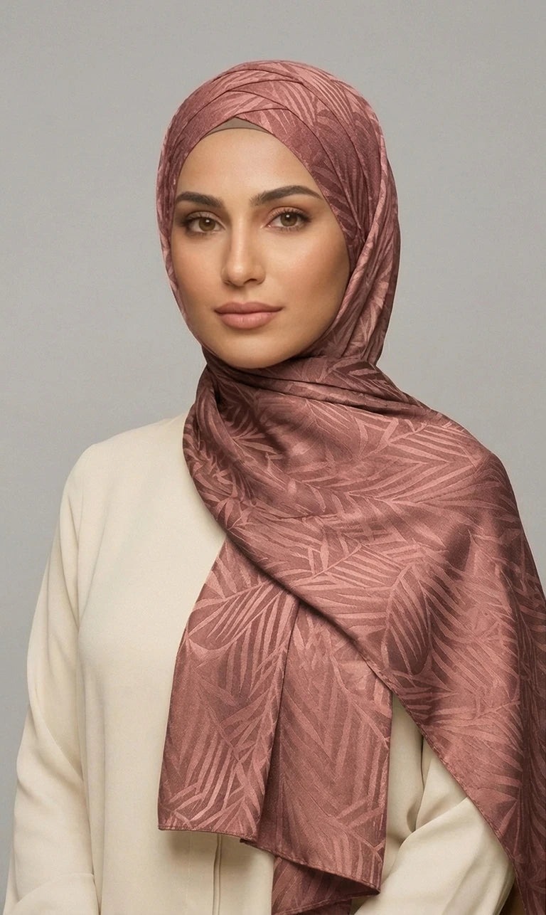 Hijab Schal in Grün mit Blattmuster – Eleganter Leichter Kopftuch Schal (S22)