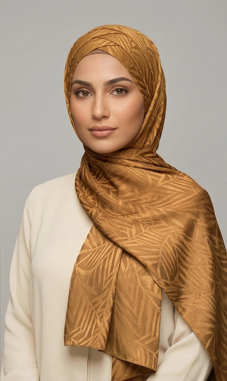 Hijab Schal in Grün mit Blattmuster – Eleganter Leichter Kopftuch Schal (S22)