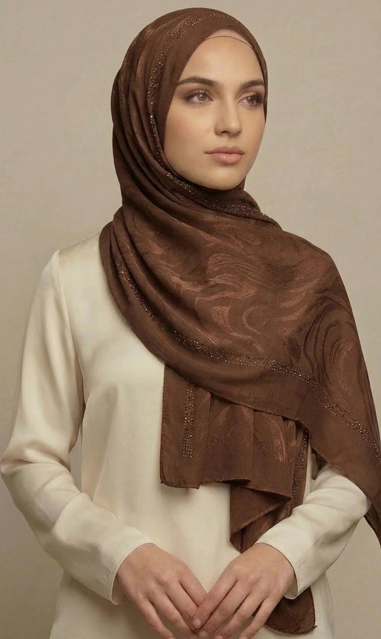 Hijab Schal in Creme mit Grün-Grauem Kreisdesign – Leichter Eleganter Kopftuch Schal (S06)
