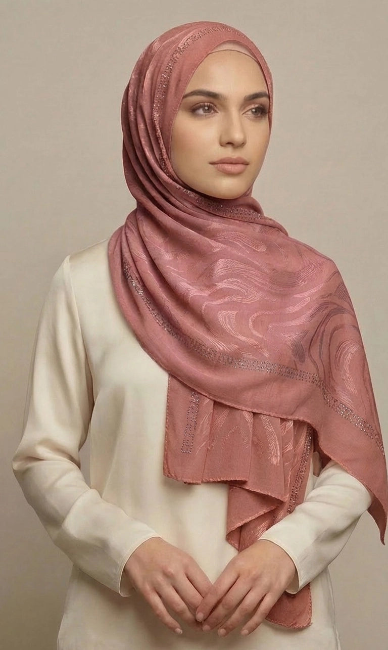 Hijab Schal in Creme mit Grün-Grauem Kreisdesign – Leichter Eleganter Kopftuch Schal (S06)