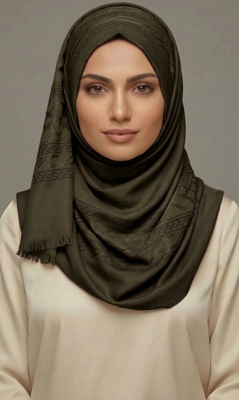 Hijab Schal in Grün mit floralen und geometrischen Mustern – Eleganter Kopftuch Schal (S14)