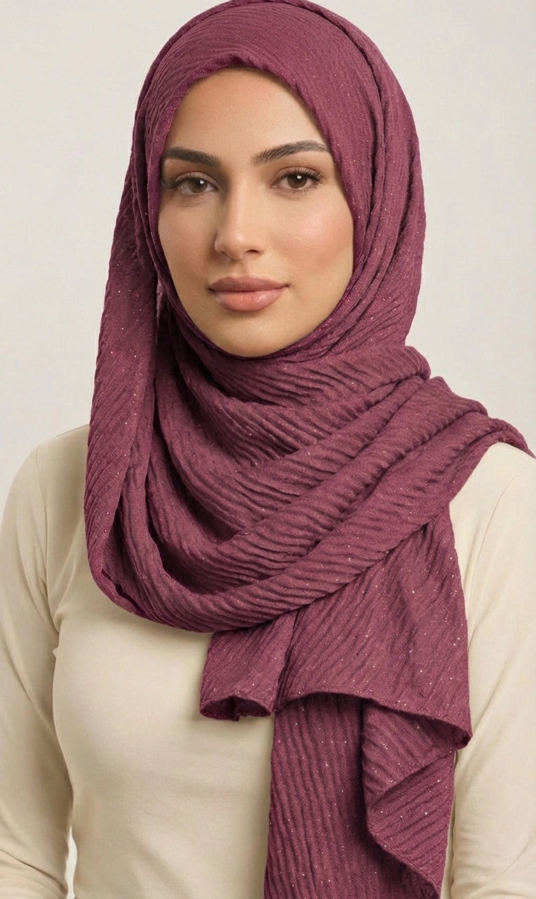 Hijab Schal in Beige mit Crinkle-Struktur und Glitzer – Eleganter Leichter Kopftuch Schal (S21)